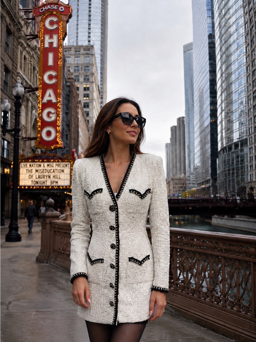 Self-Portrait White Tweed Long Blazer Dress with Black Trim US 2